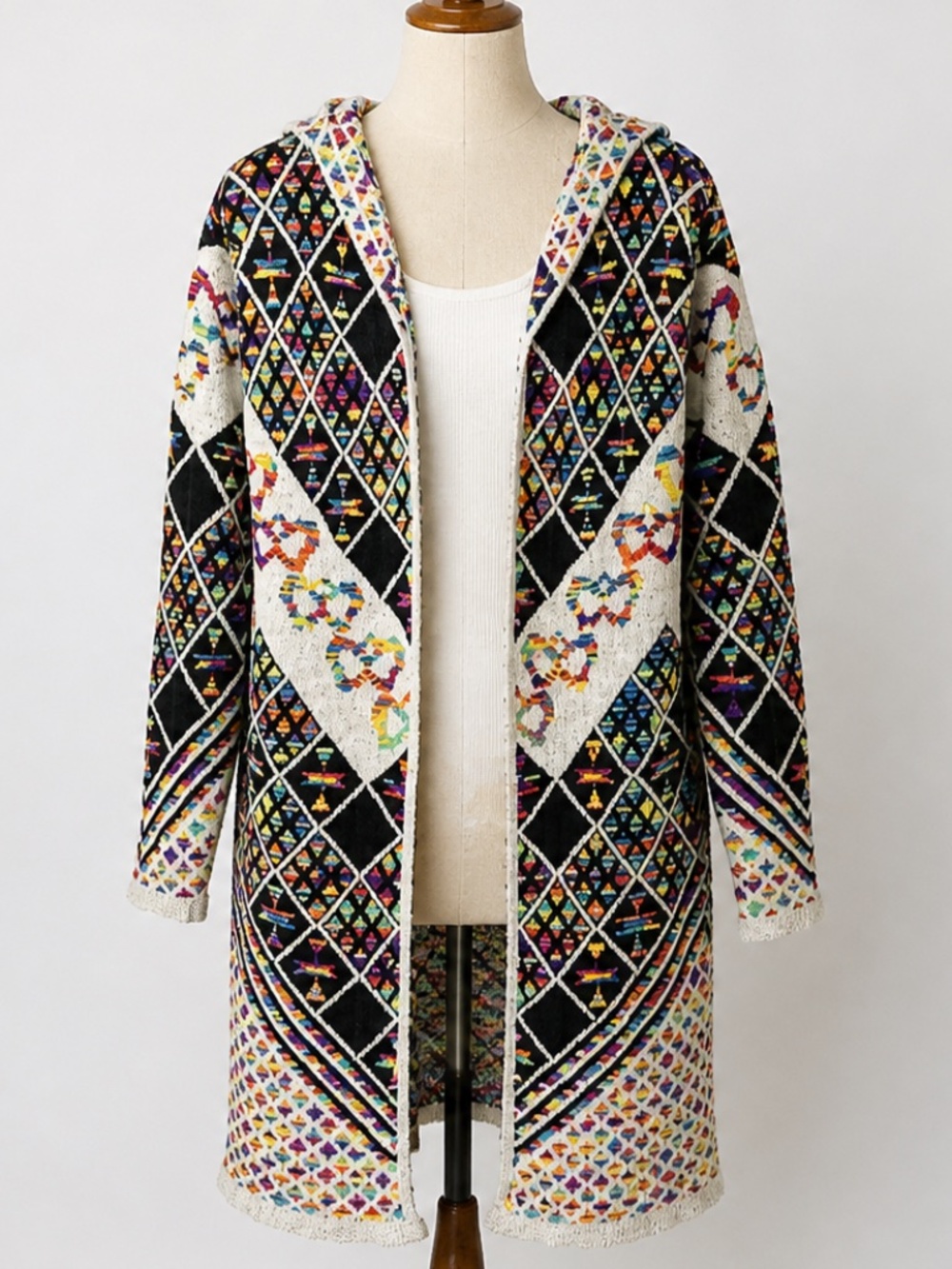 Boho Aztec Hooded Cardigan Sweater Open Front Long Knit Multicolor Size M